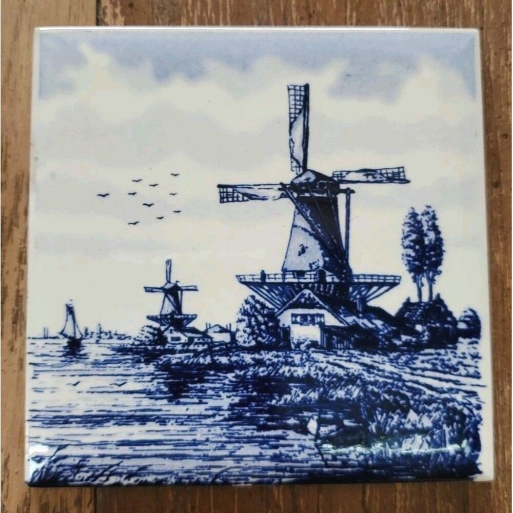 Vintage Delfts Blauw-Holland Blue & White Windmill 4.25x4.25 Hand Painted Tile